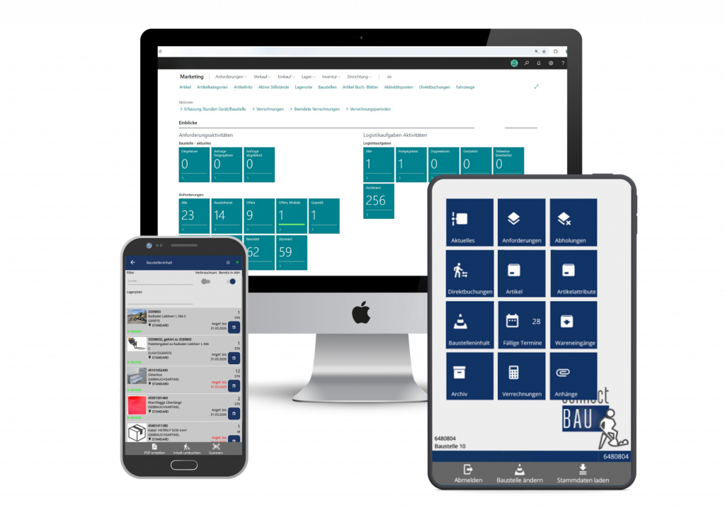 Mockup der ConnectBau App für Tablet, Smartphone, PC