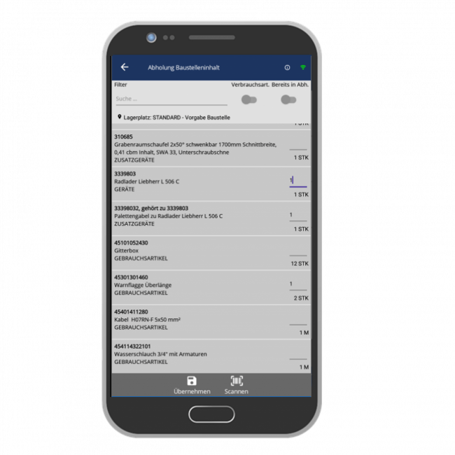 Bau App - Abholung anhand Baustellenbestand